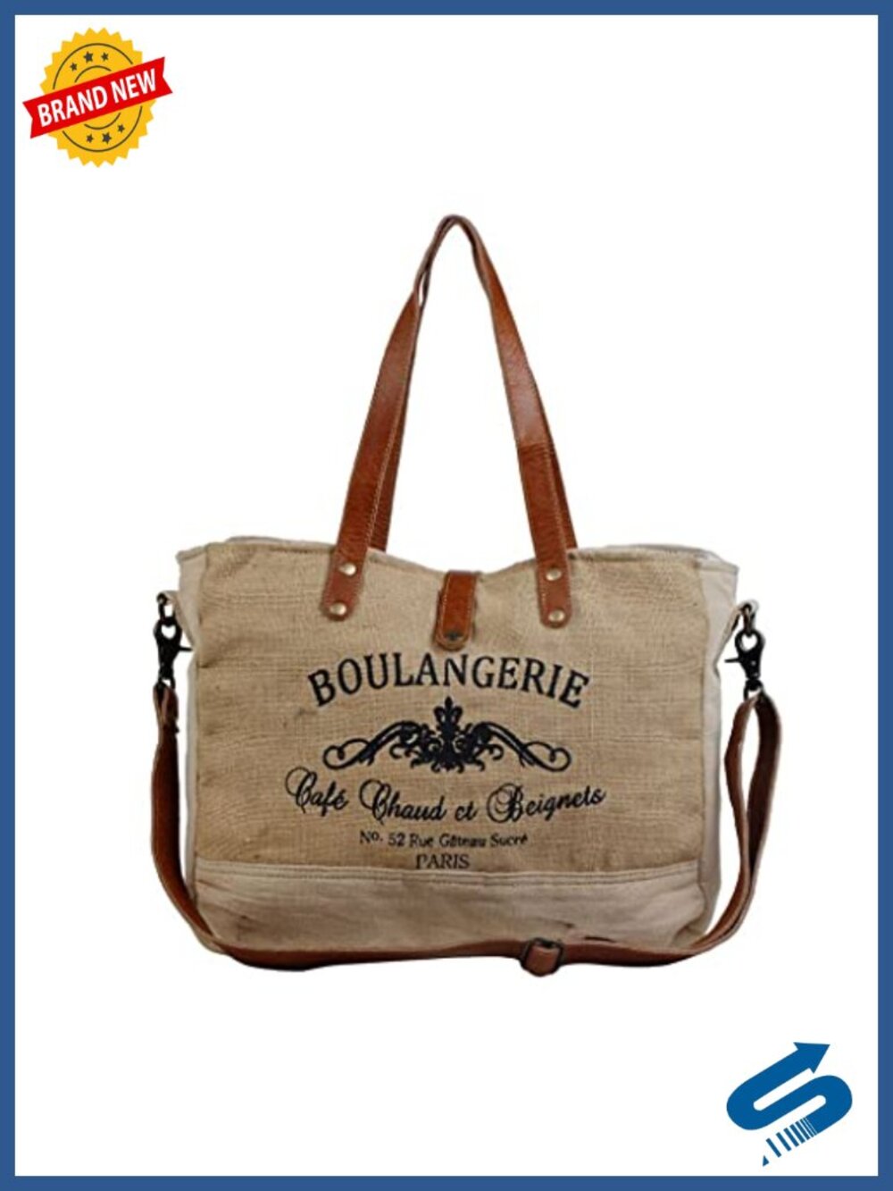 Boho Canvas Shoulder Bag with Leather Accents, Bucket Purse for Women